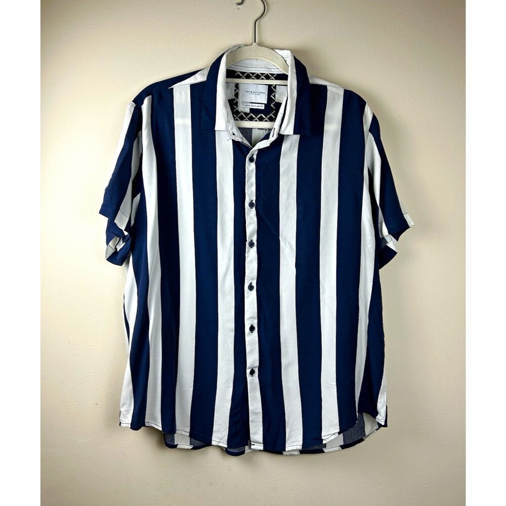 Denim & Flower Ricky Singh Men’s XL Blue White Striped Viscose Button-Up